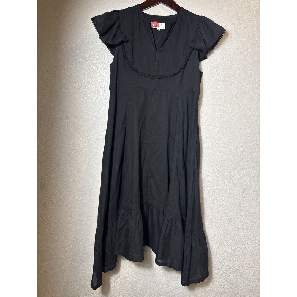 VIS‎ À VIS Black Cotton Ruffle Trim Flutter Sleeve Midi Dress Size 2